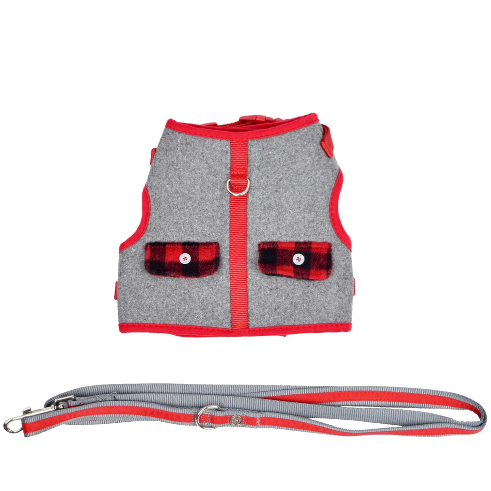 Martha Stewart Buffalo Check Dog Harness w/ Coordinating Leash Grey/Red XXS Size